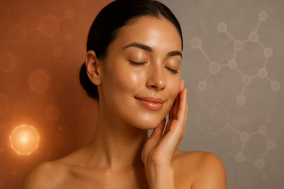 健康的で輝く肌のクローズアップ画像。背景には科学的な要素がほのかに描かれており、ピーリングによる肌の再生と若返りを象徴している。