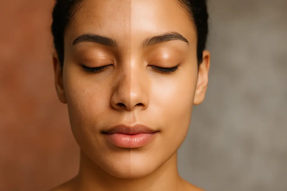 ピーリング前後の肌質の違いを示す、半分がくすみ、半分が輝く肌の顔のクローズアップ。