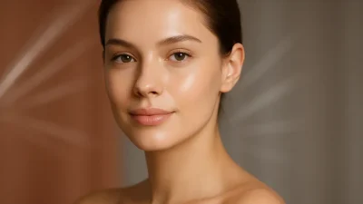 ピコ秒レーザーの精密さを象徴する光に包まれた、シミのない明るく透明感のある女性の顔のクローズアップ。