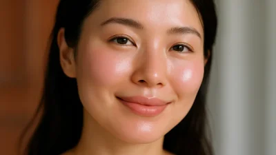 健康的なピンク色の輝きを放ち、非常に明るく滑らかな肌を持つ女性の顔のクローズアップ。