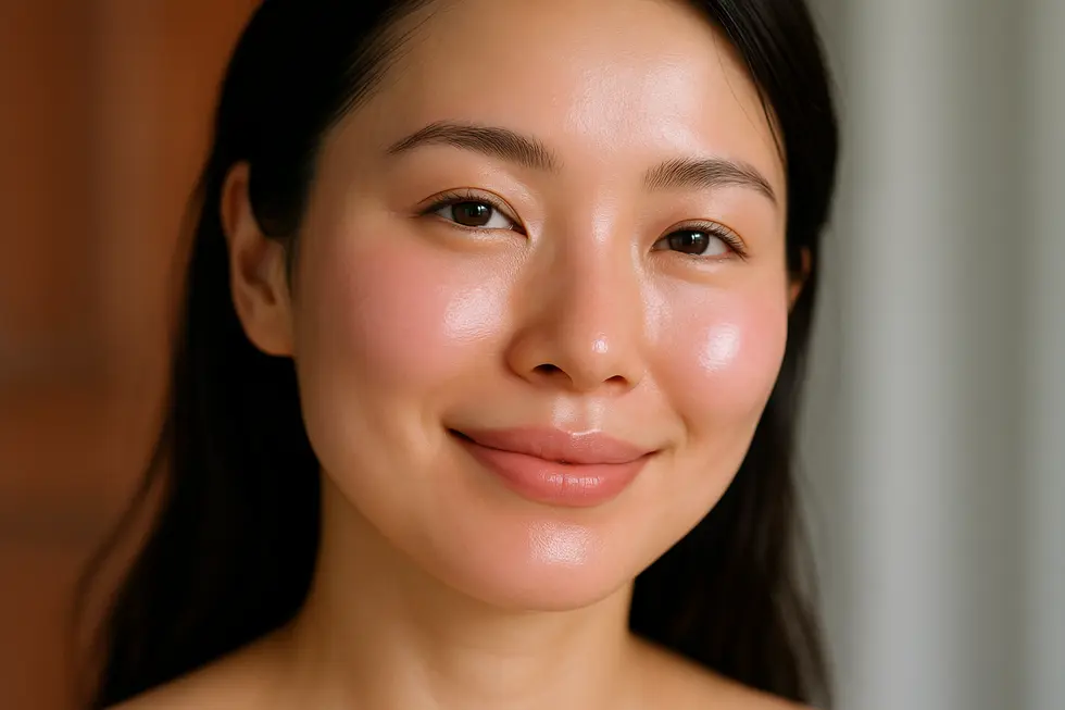 健康的なピンク色の輝きを放ち、非常に明るく滑らかな肌を持つ女性の顔のクローズアップ。