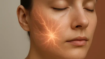 輝くプラズマの光を浴び、健康的で滑らかになった肌のクローズアップ。