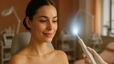 最新のプラズマ治療機器と、透明感のある肌を持つ女性の顔が明るく照らされている、モダンな美容クリニックのイメージ。