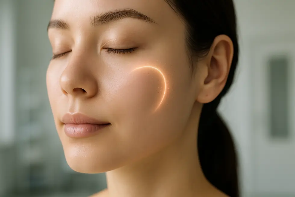 レーザー治療により毛穴が目立たなくなり、滑らかで健康的になった肌のクローズアップ画像