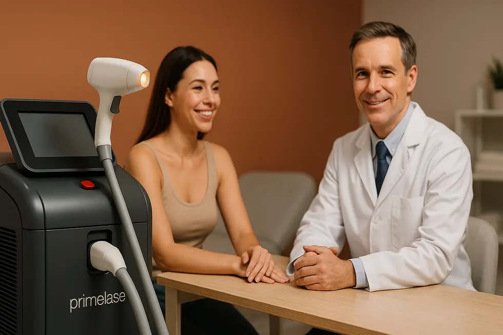 現代的な美容クリニックで、プライムレーザー脱毛機と、患者に説明する皮膚科医が写っている。