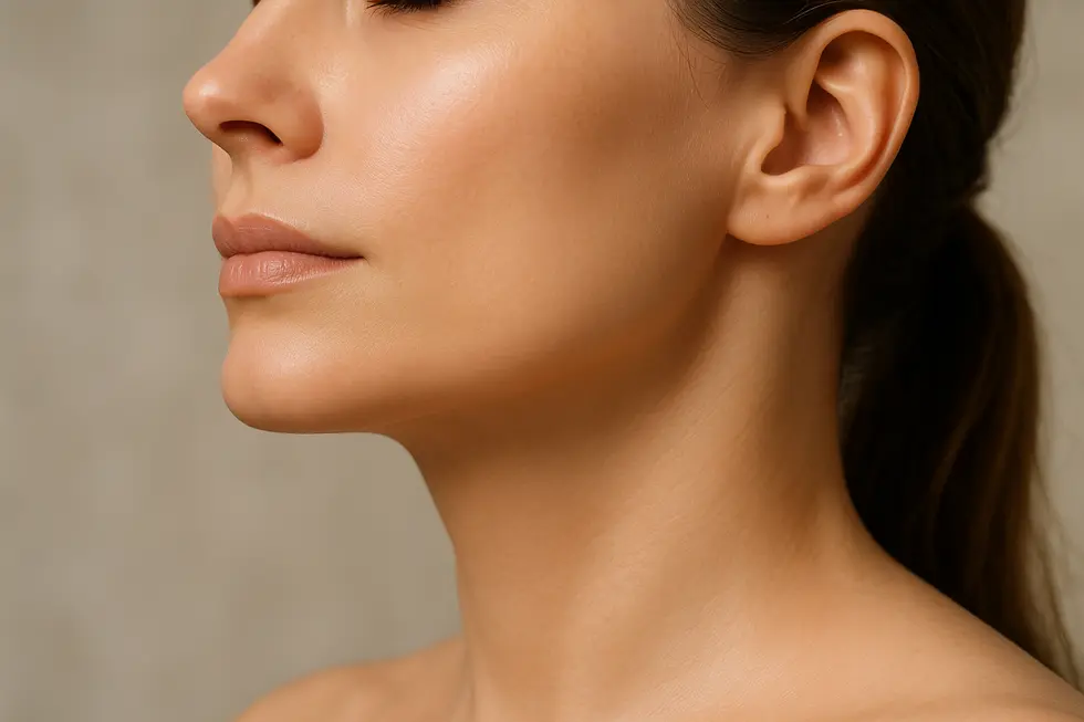 たるみが改善され、引き締まったシャープなフェイスラインの女性の顔のクローズアップ。