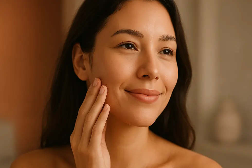 パンチウェーブ施術により肌が再生し、自信を取り戻した女性が頬に手を当てているイメージ。