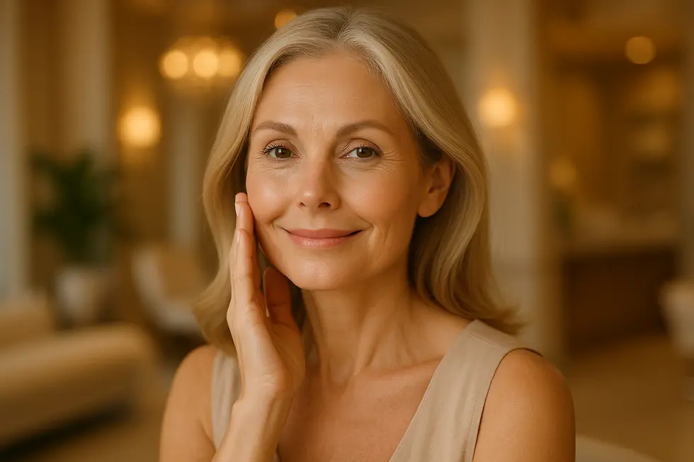 自然な若々しさと自信に満ちた笑顔の女性が、なめらかな頬にそっと触れている。