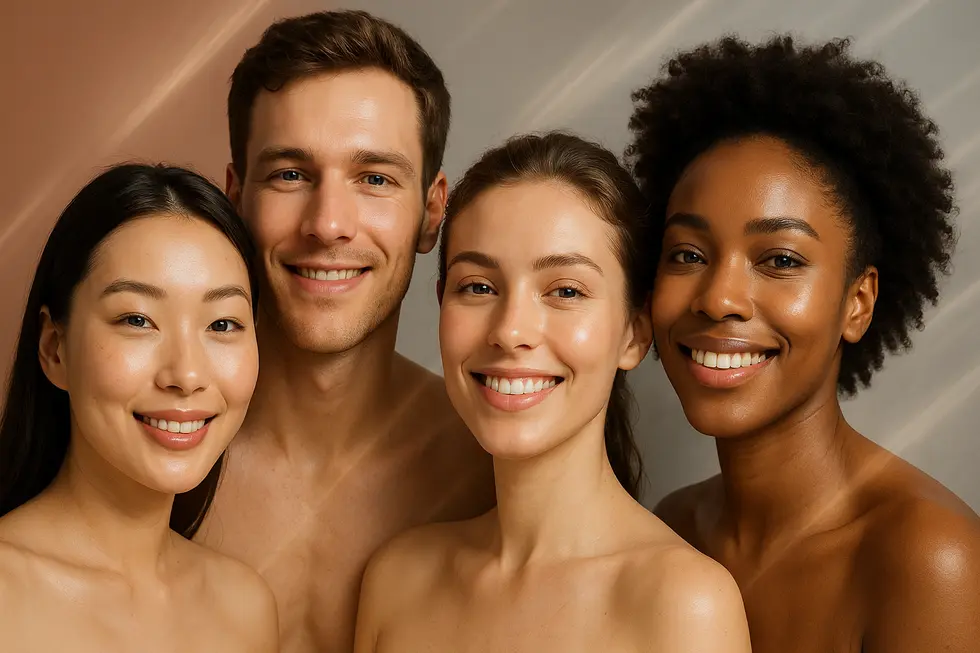 再生レーザーの効果を象徴する、輝くような肌の多様な人々の顔のクローズアップ。