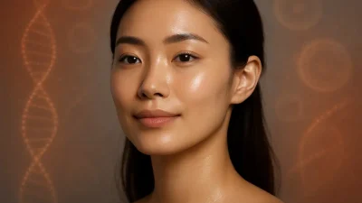 内側から輝くような、きめ細かくハリのある肌のアップ。リジェバンヒーラーによる肌再生の効果を表現。