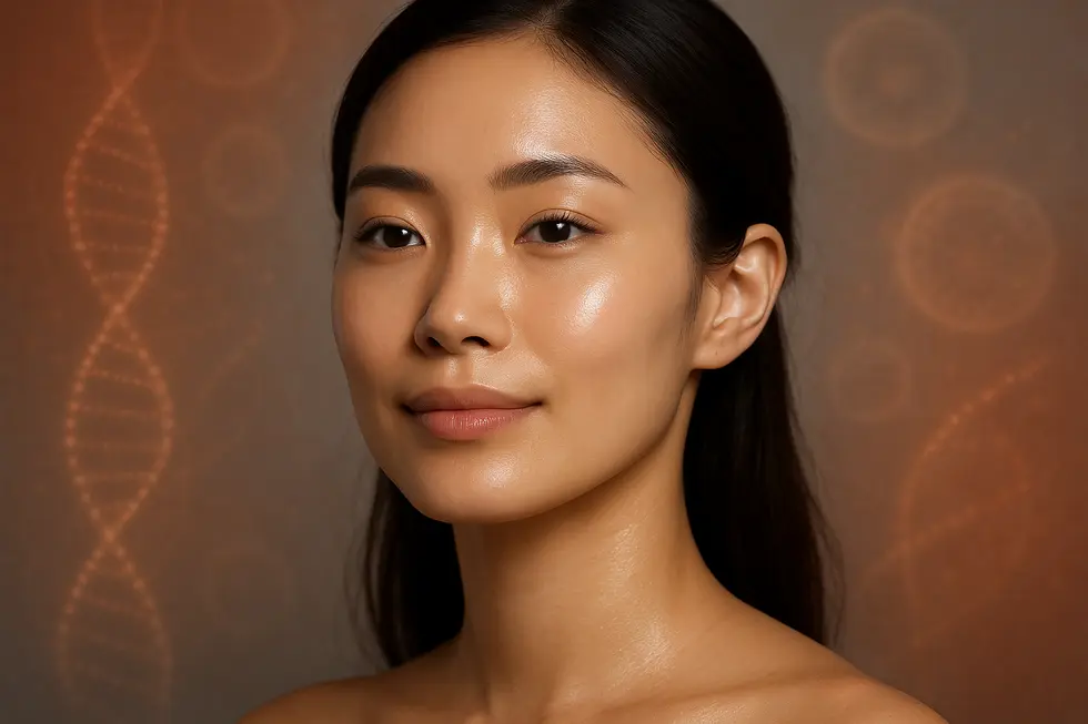 内側から輝くような、きめ細かくハリのある肌のアップ。リジェバンヒーラーによる肌再生の効果を表現。