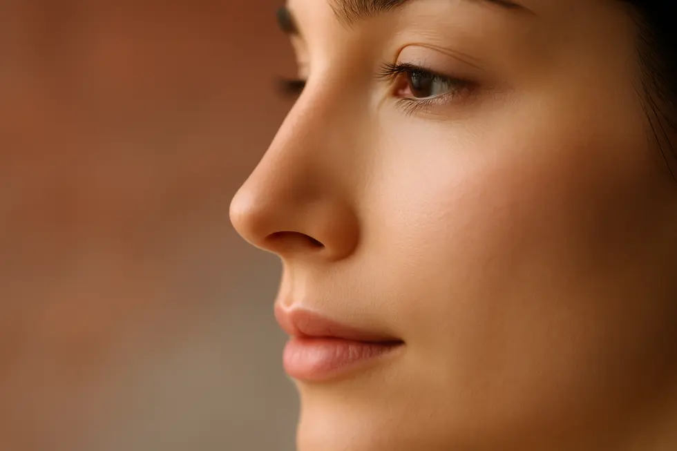 自然でバランスの取れた鼻を持つ人の顔のクローズアップ。再隆鼻術によって得られる理想的な審美結果を表しています。