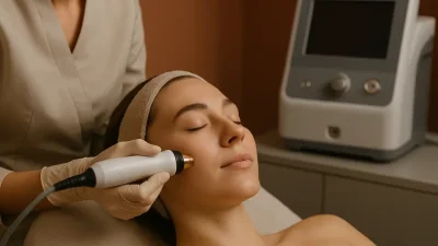 RF4#マイクロニードルRFデバイスが顔の皮膚に優しく適用されている様子。暖色系の照明で、落ち着いた雰囲気を演出している。