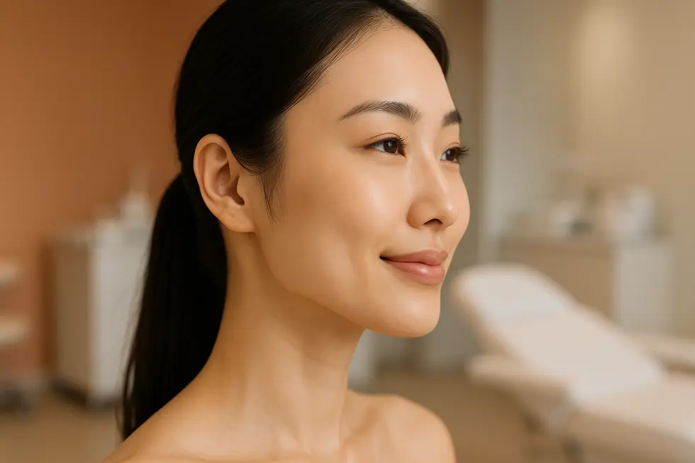 施術によりフェイスラインがシャープになったアジア人女性の顔のクローズアップ。