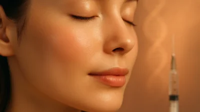 健康的で輝く肌のクローズアップ。背景には美容注射の針がぼんやりと写り、肌の再生と若返りを象徴している。