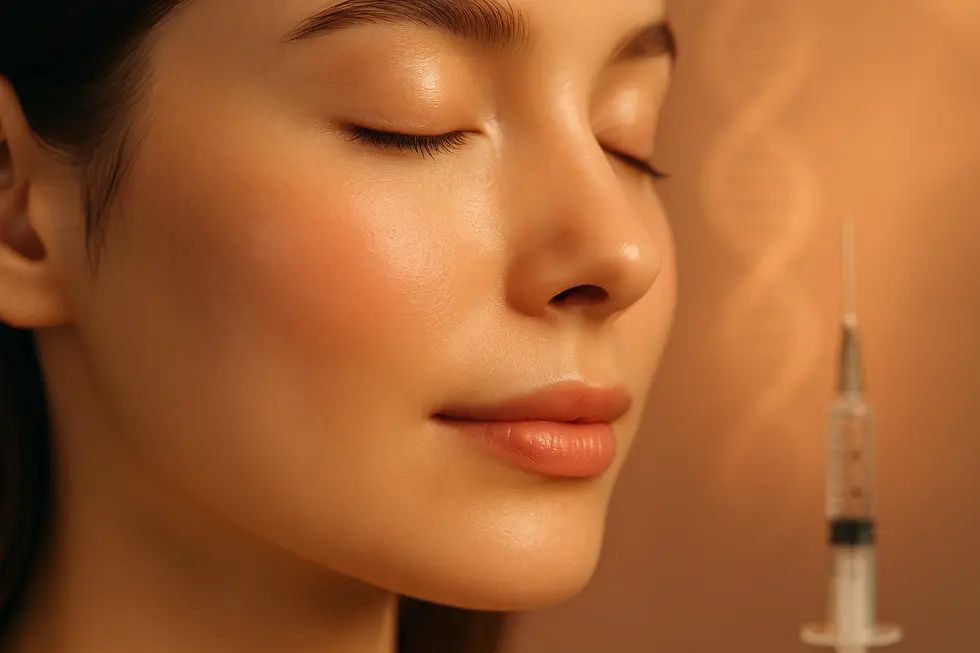 健康的で輝く肌のクローズアップ。背景には美容注射の針がぼんやりと写り、肌の再生と若返りを象徴している。