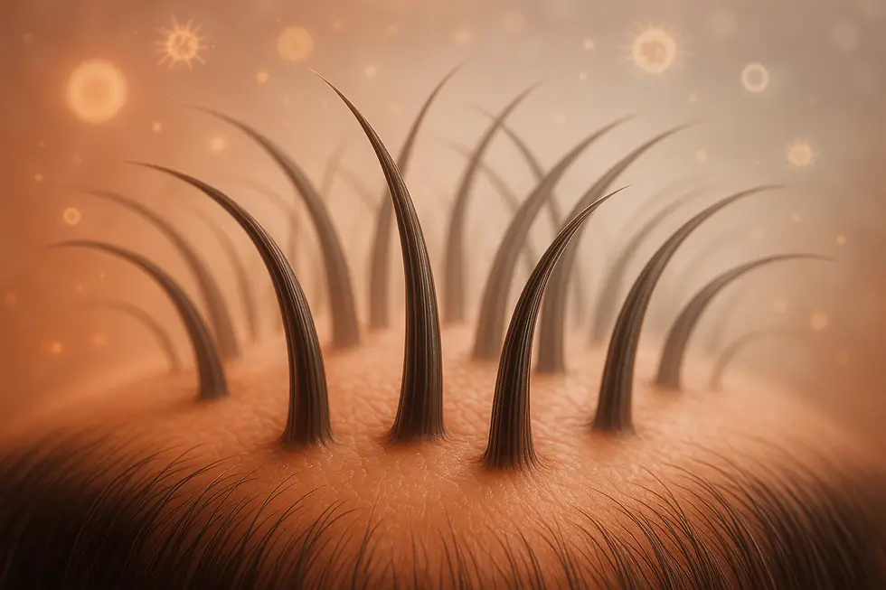 健康な髪が生え揃った頭皮のクローズアップ画像。