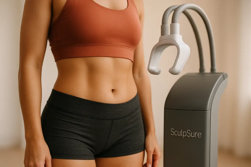 スカルプシュアーレーザー機器が女性のウエストラインに作用している様子を示す画像。部分痩せをイメージさせる。