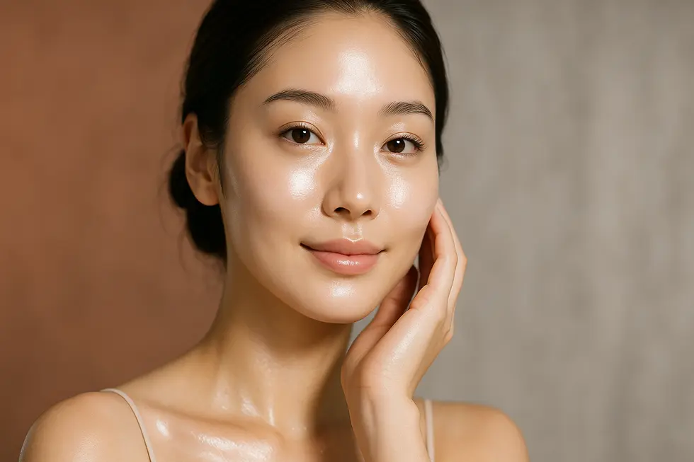 白雪注射による明るく透明感のある肌を持つ、穏やかな表情の女性の顔のクローズアップ。