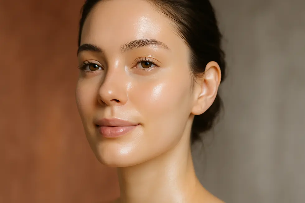 内側から輝くような透明感とハリのある肌を持つ女性の顔のクローズアップ画像。スキンアウラの効果を象徴しています。