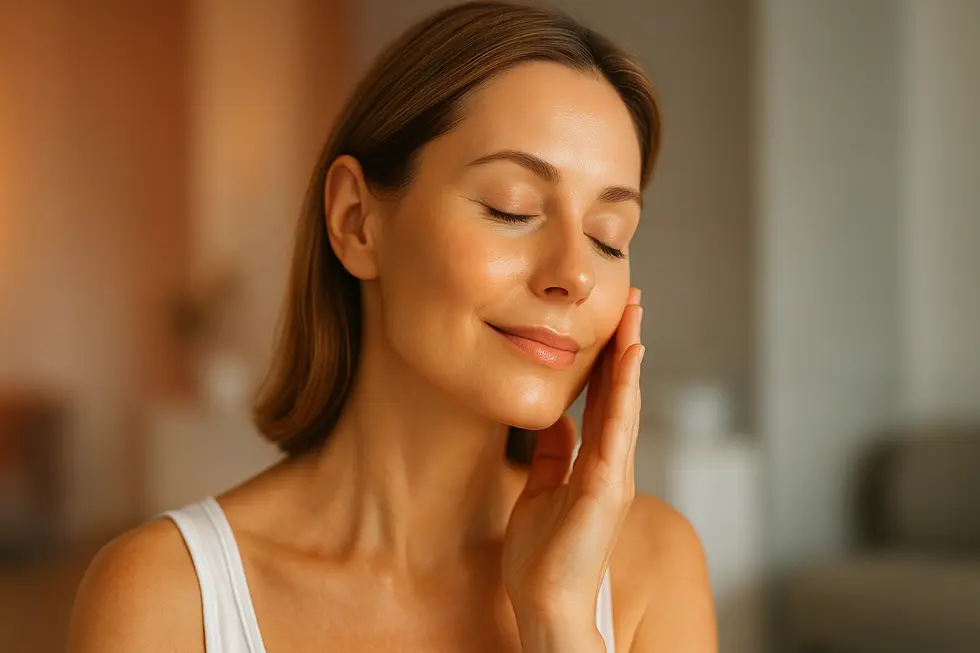 ソフトウェーブ施術後のような、なめらかでハリのある肌に優しく触れる30代後半から40代前半の女性の顔のクローズアップ。