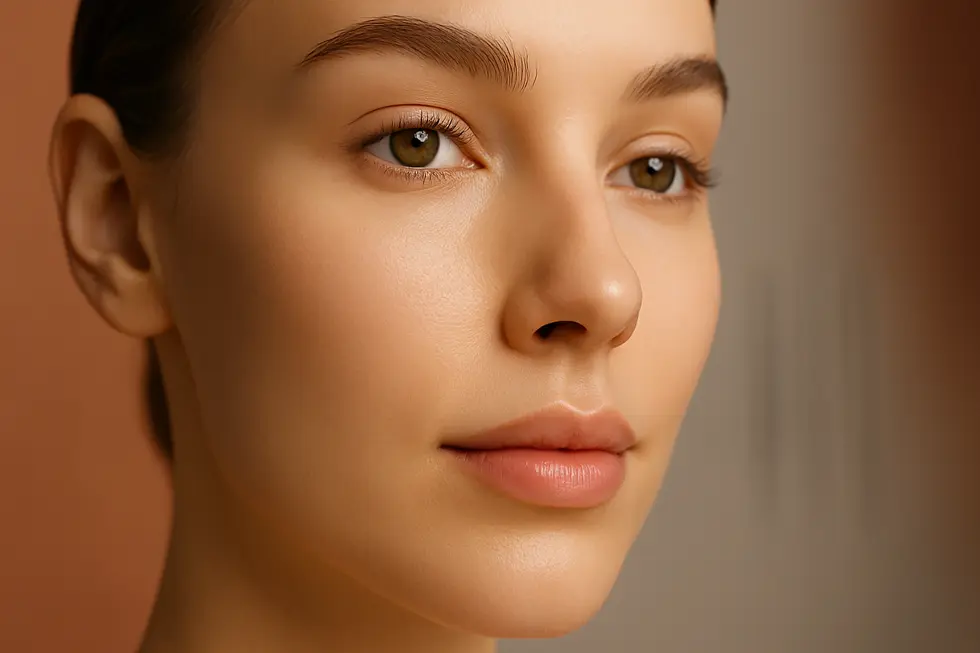 光を受けて輝く、なめらかで健康的な肌のクローズアップ画像。背景はテラコッタとライトグレーの色調。