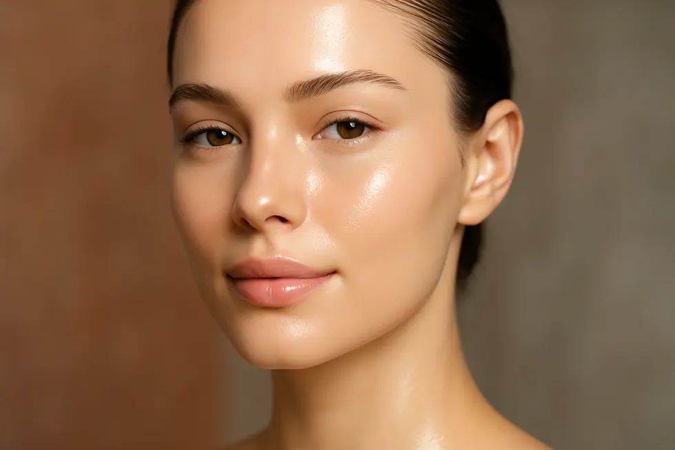 非常にクリアで輝く肌の女性の顔のクローズアップ。シルファームX治療によって達成される完璧な肌を表している。
