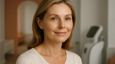 テンセラ施術によってリフトアップされ、ハリと弾力のある肌を持つ笑顔の女性の顔。