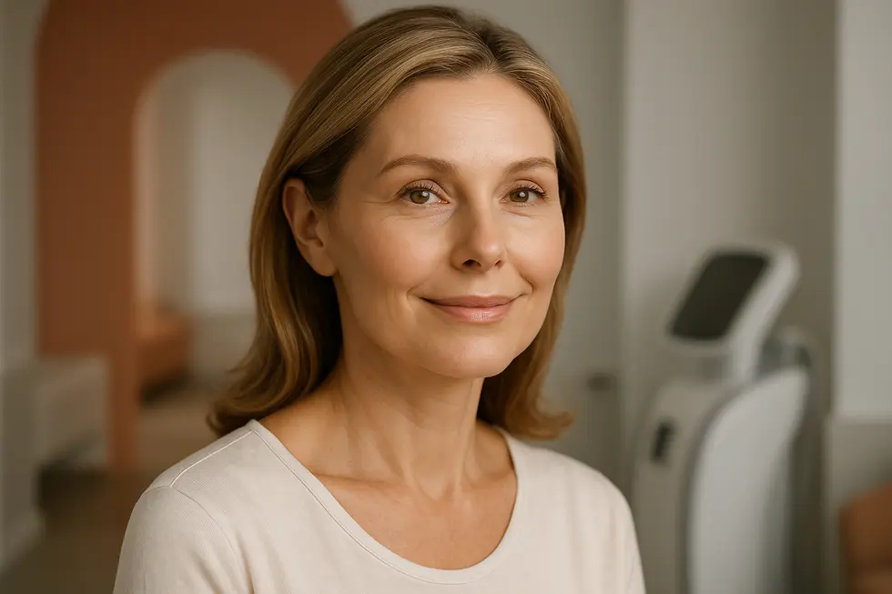 テンセラ施術によってリフトアップされ、ハリと弾力のある肌を持つ笑顔の女性の顔。