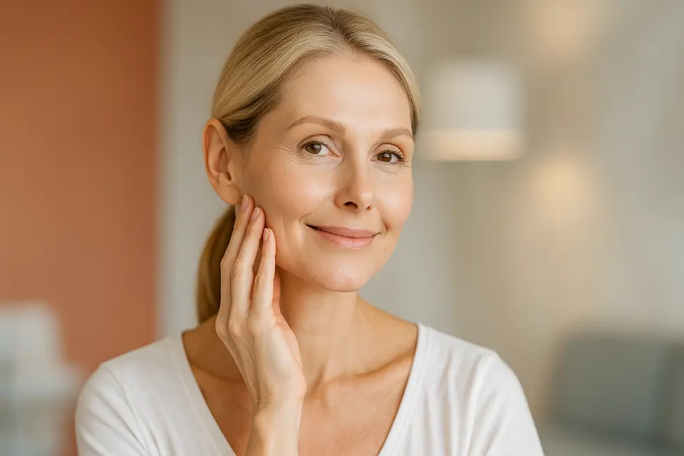 自信に満ちた笑顔でフェイスラインに触れる、30代後半から40代の女性。糸リフティングによるたるみ改善とハリのある肌を象徴するカバーイメージ。