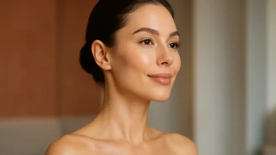 チタンリフティングによってフェイスラインが引き締まり、若々しく見える女性の顔のクローズアップ。