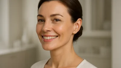 たるみやシワが改善され、引き締まったフェイスラインとハリのある肌を持つ、自信に満ちた笑顔の女性。