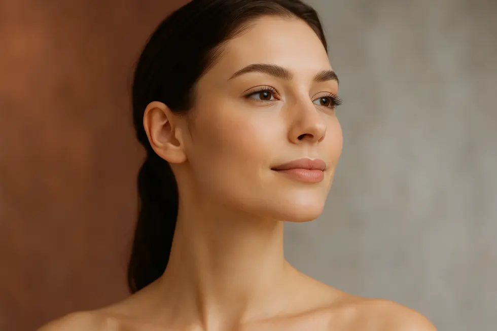 自信に満ちた表情でシャープなフェイスラインを見せる女性の顔のクローズアップ。