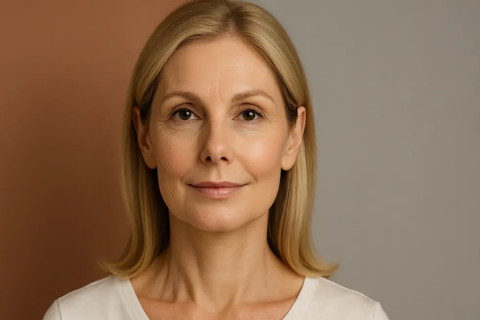 ウルセラ施術による顔のたるみ改善効果を示唆する、片側がリフトアップされた女性の顔。自然な若返りのイメージ。