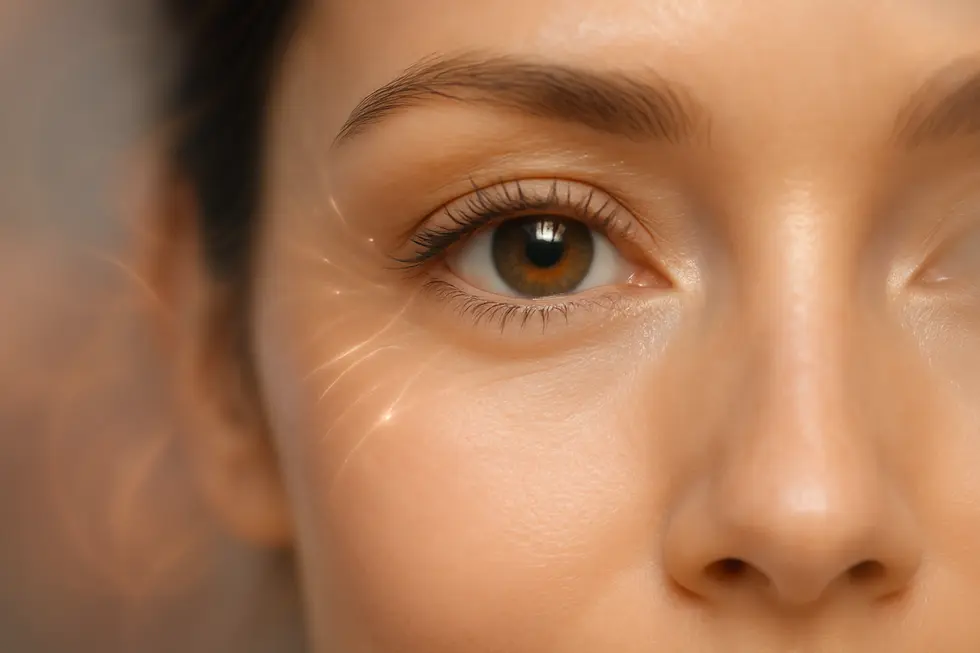 透明感とハリのある、若々しく輝く女性の目元のクローズアップ写真。目元ケアによる自信と美しさを表現しています。