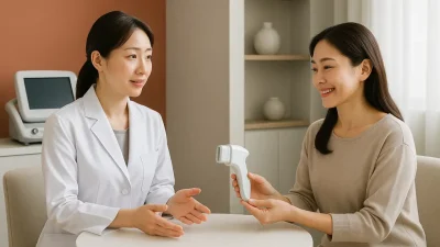 ウルトラフォーカス施術について医師が患者に説明している様子。モダンなクリニックの室内。