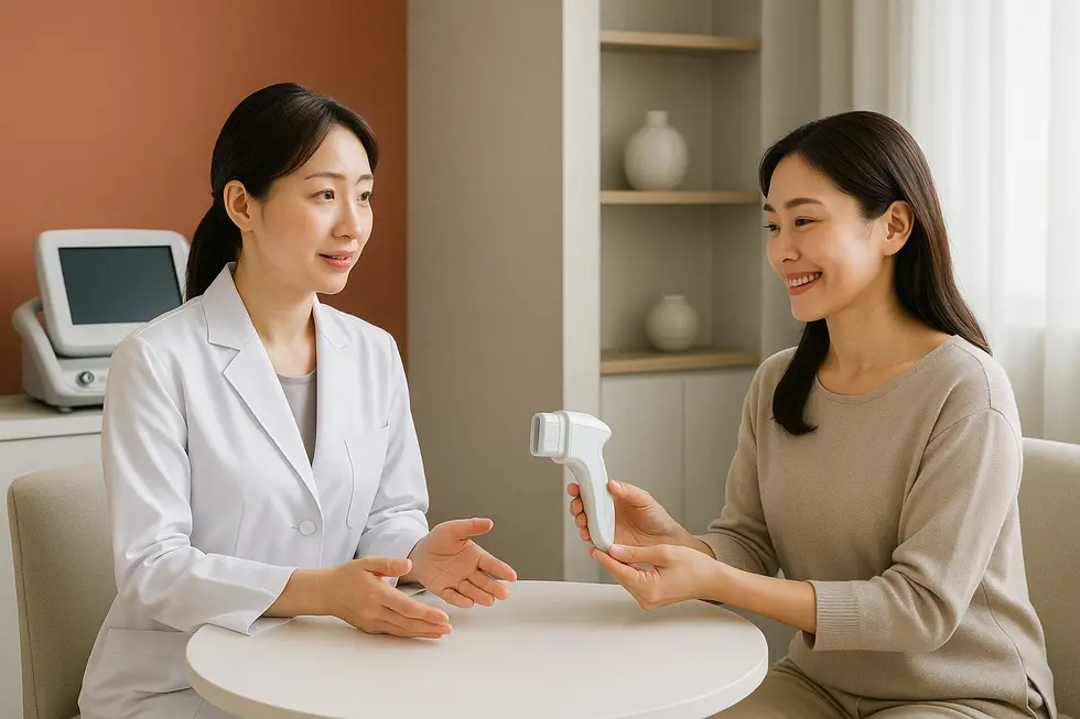 ウルトラフォーカス施術について医師が患者に説明している様子。モダンなクリニックの室内。