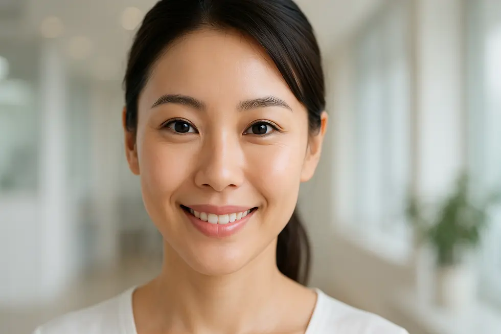 目の下のクマやたるみがなく、明るく若々しい目元を持つ女性の笑顔のポートレート。