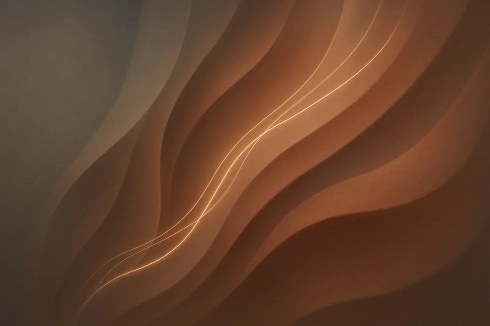 テラコッタとグレーを基調とした、膣糸リフティングによる膣の引き締めと若返りを象徴する抽象的なイメージ。穏やかな光を放つ糸のような線が、体内の構造に優しく働きかける様子を表しています。
