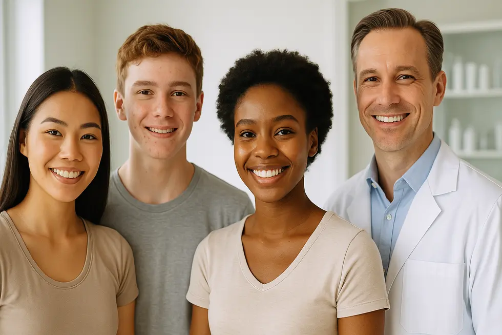 健康で輝く肌を持つ多様な人々が自信を持って微笑んでいる、ニキビケアの成功を示す画像。