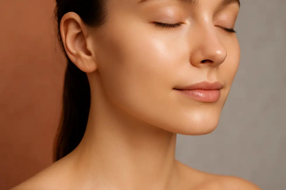 高周波治療アグネスで改善された、毛穴の目立たない滑らかな肌のクローズアップ。