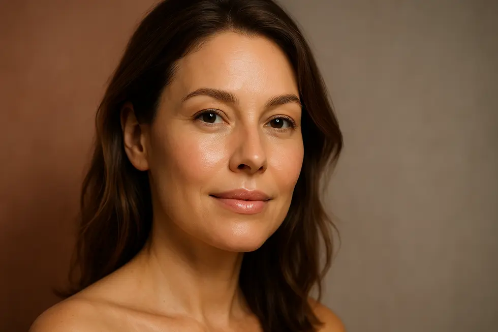 自然な輝きとハリのある若々しい肌の女性の顔。