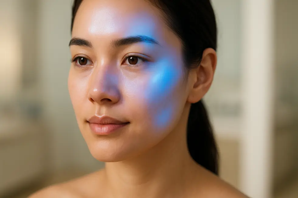 青い光が頬と額から優しく輝く、きれいな肌の顔のクローズアップ。ブルーRFレーザー治療を象徴する画像。