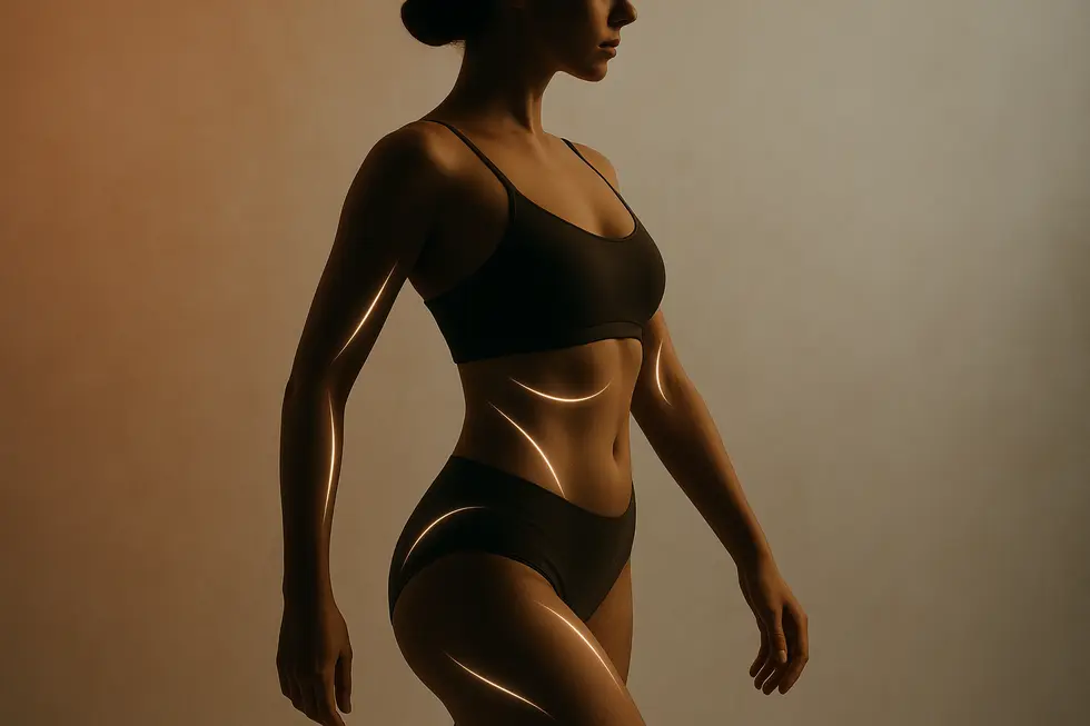 ボディ糸リフティングによって引き締まった、美しい女性のボディラインのイメージ。お腹、お尻、二の腕のたるみ改善が示唆されている。