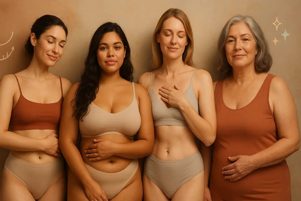 様々な年齢層や体型の女性が、バストケアによって自信と満足感を得ている様子を描いたイラスト。