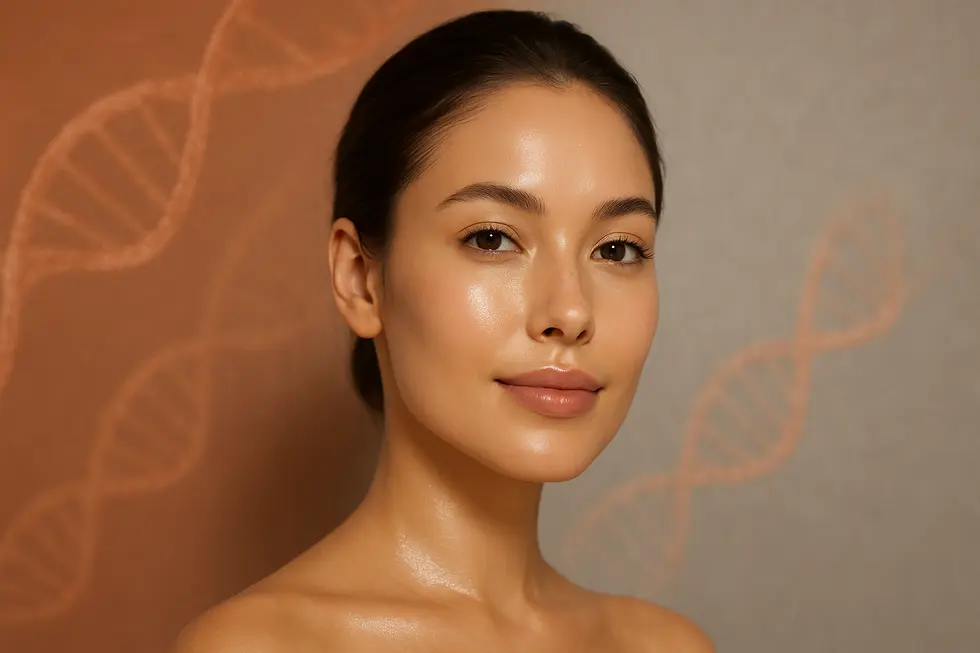 Cenevv（セネブ）スキンブースターによって再生され、ハリとツヤのある若々しい肌を持つ女性の顔。背景にはサーモンのDNAが抽象的に描かれ、科学的な美を表現。