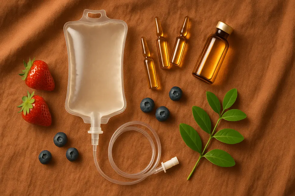 シンデレラ注射の点滴バッグと美容・健康アイテムが配置された美しいフラットレイ。