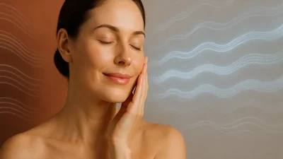 エクスカ（Exilis）施術後の引き締まった肌に満足げな女性のクローズアップ。