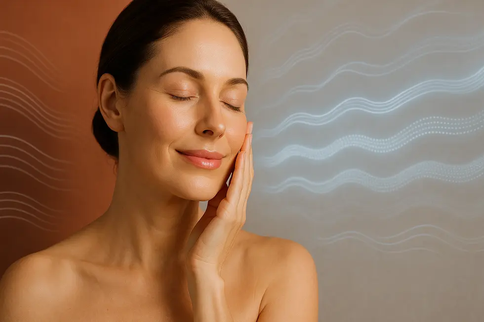 エクスカ（Exilis）施術後の引き締まった肌に満足げな女性のクローズアップ。