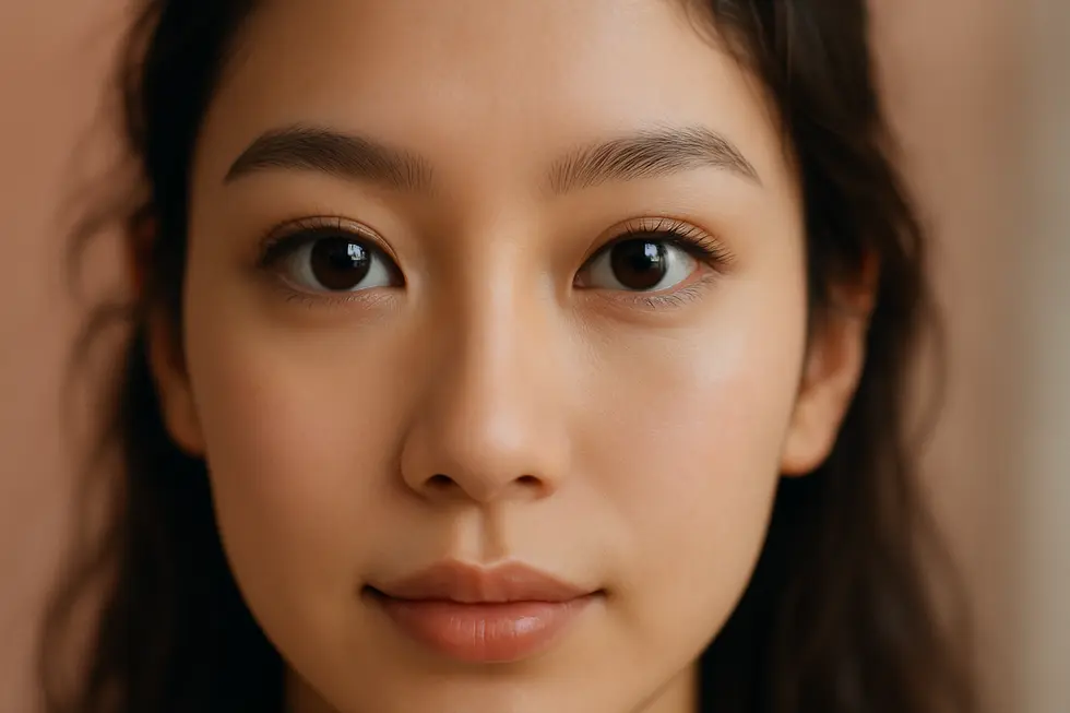 目の拡張術によって自然に大きく、はっきりとした魅力的な目元を持つ人物の顔のクローズアップ画像。自信と明るい表情が表現されている。